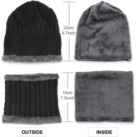 🆕Kids Black Knit Beanie Cap Winter Hat Warm Soft Fleece Lining Thread Scarf Set - Picture 4 of 5